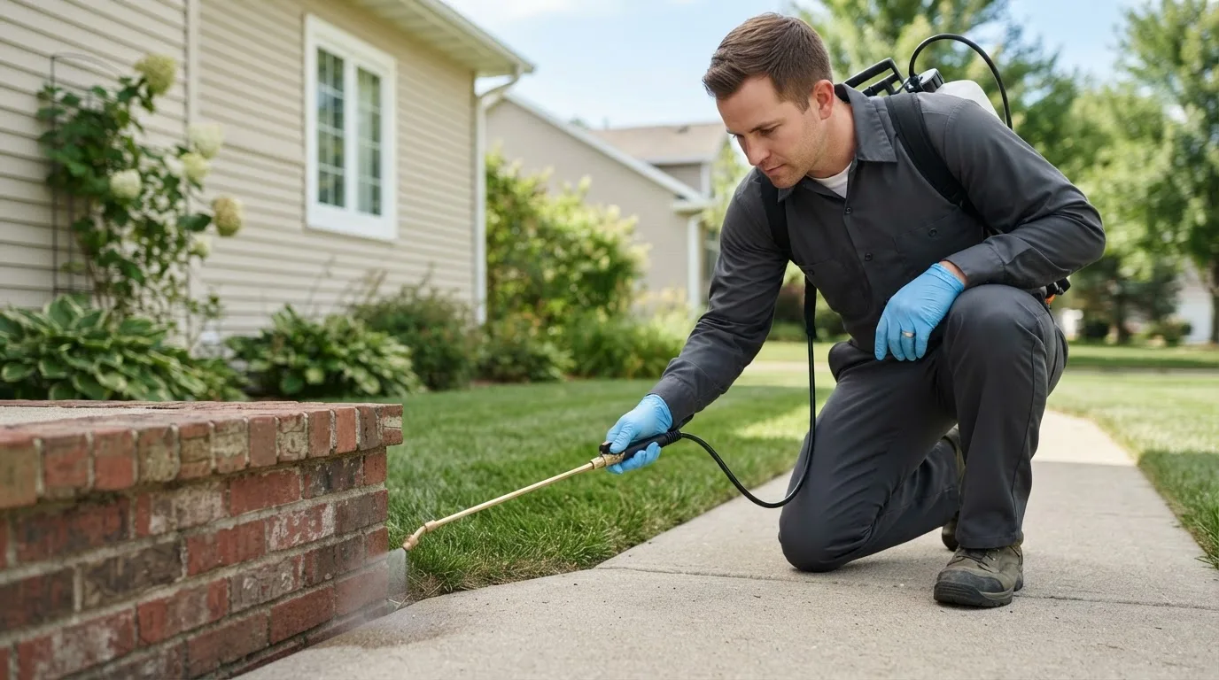 Pest control technician treating a home near Dysart, IA